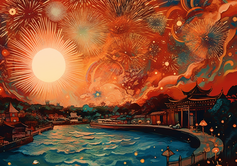 傍晚春节李盛开的烟花和古建筑池塘,插画/手绘图,插画/手绘图库,插画/手绘图下载,插画/手绘